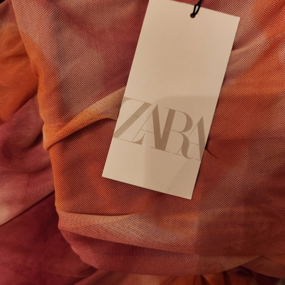 ZARA Tie Dye  Strapless Midi Dress Womens Small Pink Orange Tulle - Picture 4 of 11